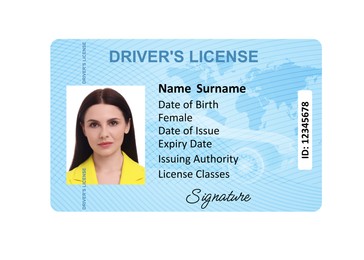 Image of Driver's license with photo of woman and world map illustration isolated on white