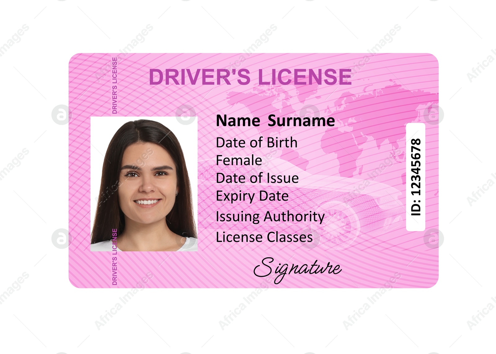 Image of Driver's license with photo of woman and world map illustration isolated on white