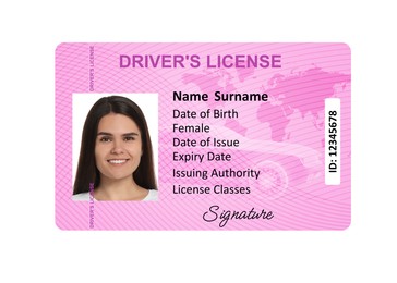 Image of Driver's license with photo of woman and world map illustration isolated on white