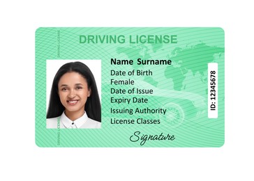 Image of Driver's license with photo of woman and world map illustration isolated on white