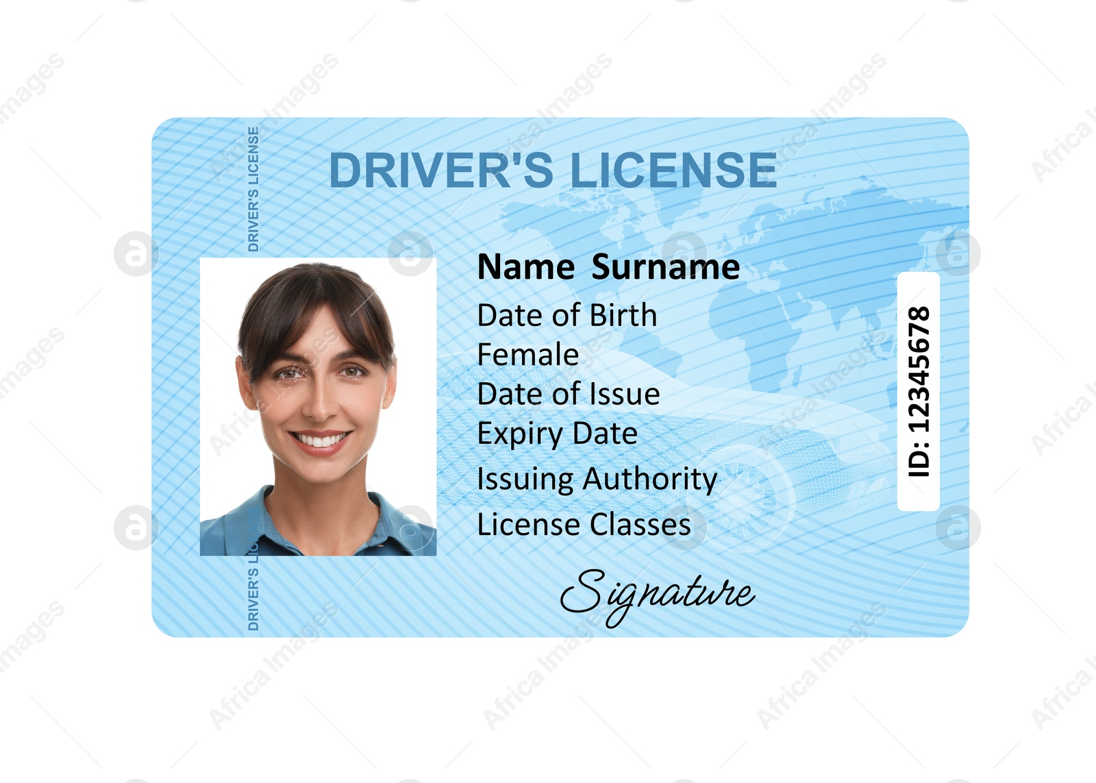 Image of Driver's license with photo of woman and world map illustration isolated on white