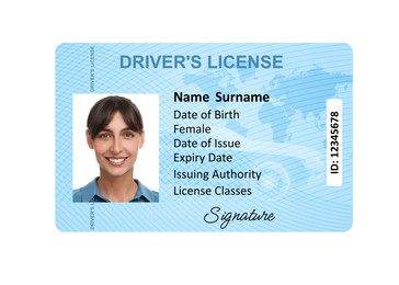 Image of Driver's license with photo of woman and world map illustration isolated on white