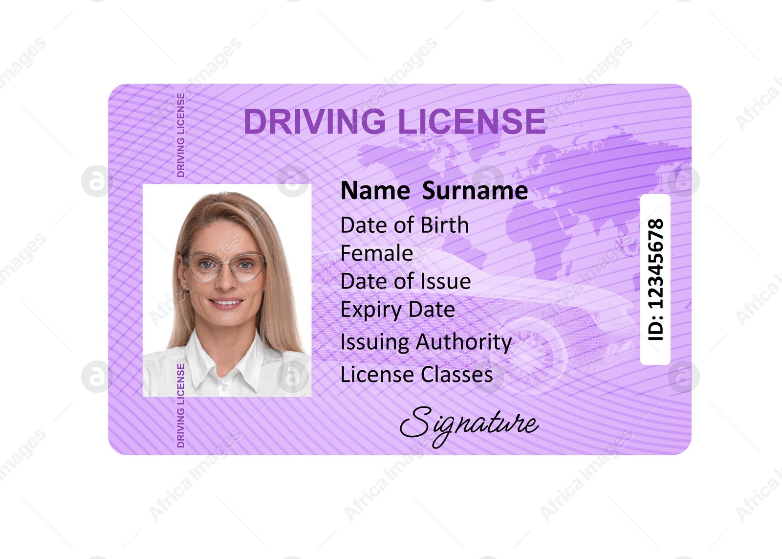 Image of Driver's license with photo of woman and world map illustration isolated on white