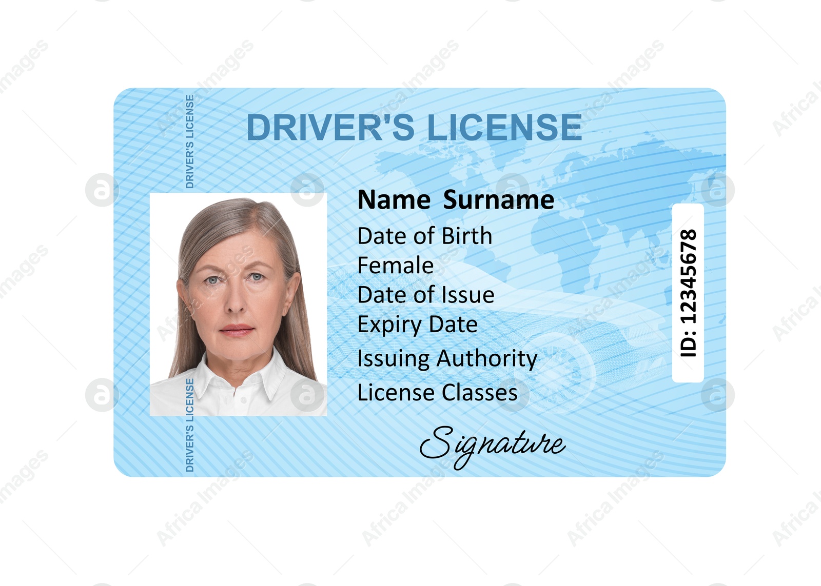 Image of Driver's license with photo of woman and world map illustration isolated on white