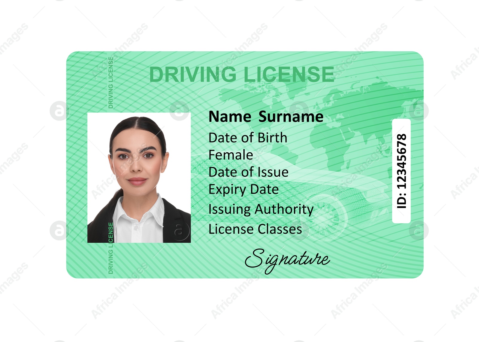 Image of Driver's license with photo of woman and world map illustration isolated on white