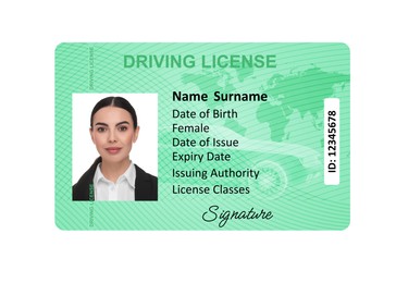 Image of Driver's license with photo of woman and world map illustration isolated on white