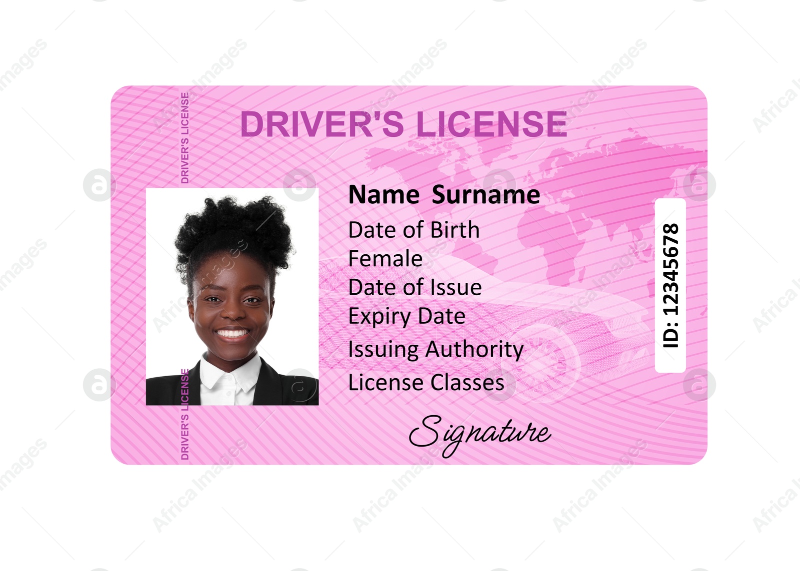 Image of Driver's license with photo of woman and world map illustration isolated on white