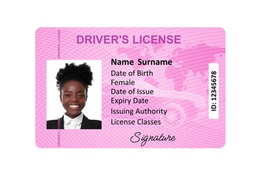 Driver's license with photo of woman and world map illustration isolated on white