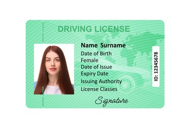 Image of Driver's license with photo of woman and world map illustration isolated on white