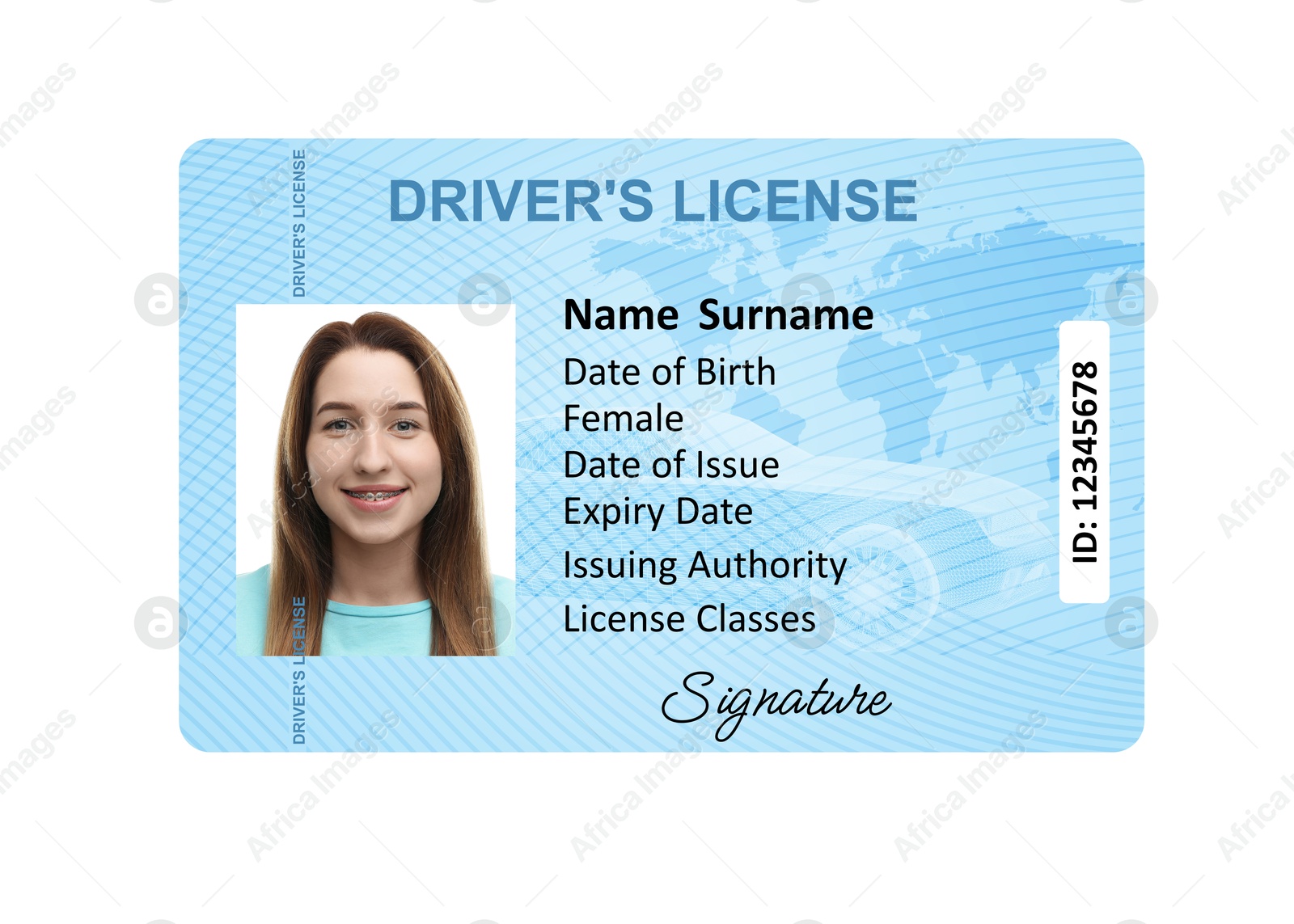 Image of Driver's license with photo of woman and world map illustration isolated on white