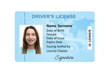 Image of Driver's license with photo of woman and world map illustration isolated on white