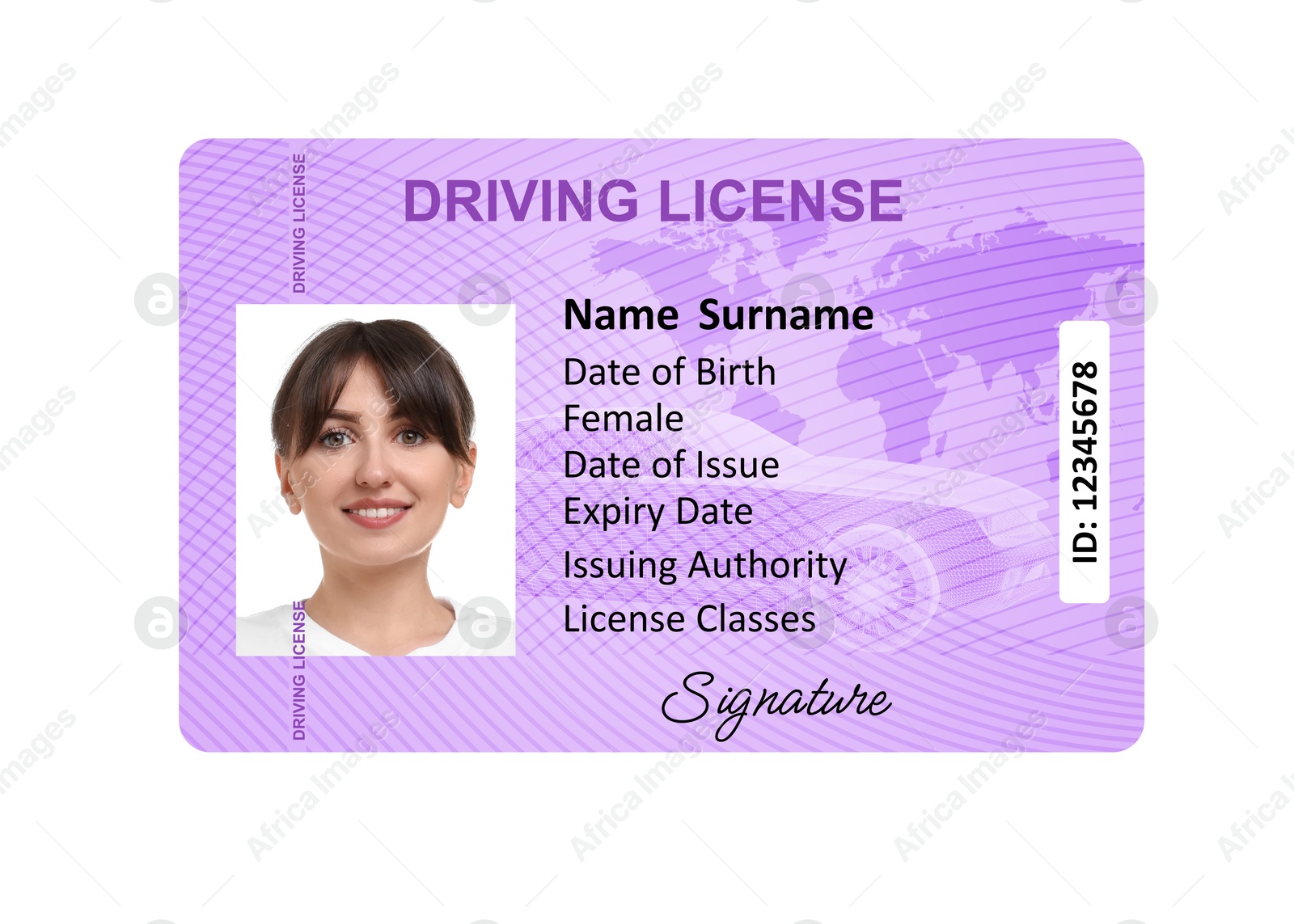 Image of Driver's license with photo of woman and world map illustration isolated on white