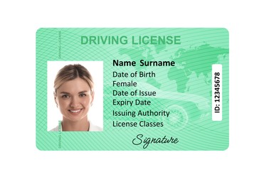 Image of Driver's license with photo of woman and world map illustration isolated on white