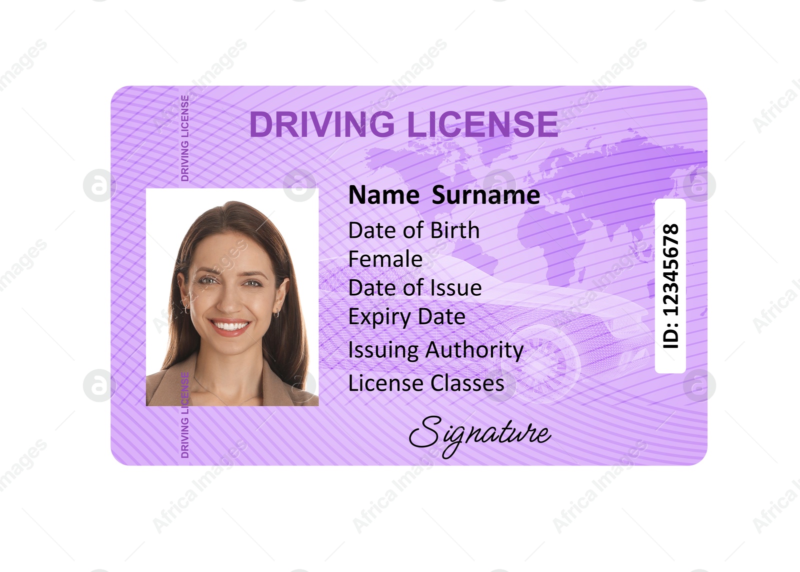 Image of Driver's license with photo of woman and world map illustration isolated on white