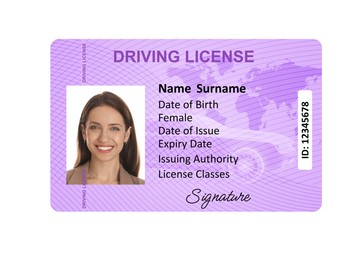 Image of Driver's license with photo of woman and world map illustration isolated on white