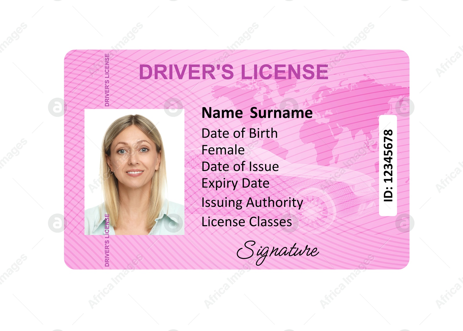 Image of Driver's license with photo of woman and world map illustration isolated on white