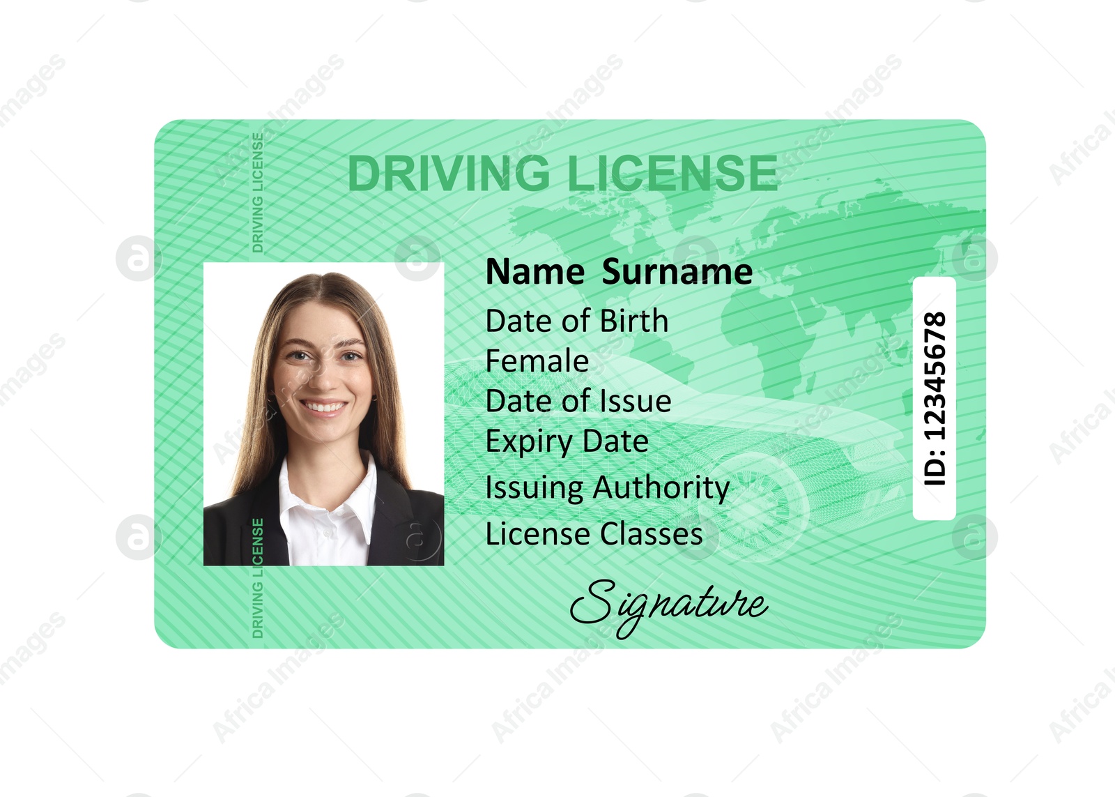 Image of Driver's license with photo of woman and world map illustration isolated on white