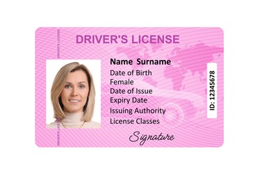 Image of Driver's license with photo of woman and world map illustration isolated on white