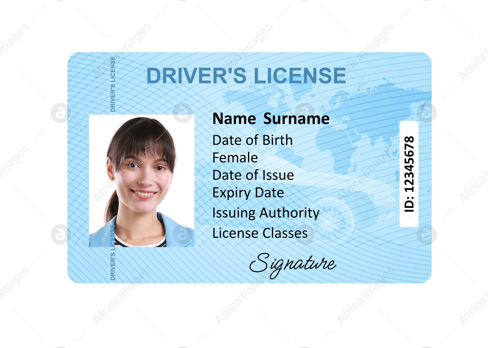 Image of Driver's license with photo of woman and world map illustration isolated on white