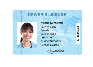 Image of Driver's license with photo of woman and world map illustration isolated on white