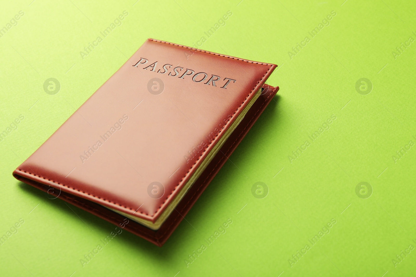 Photo of Passport in brown cover on green background, space for text