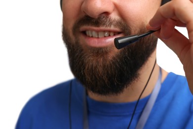 Photo of Technical support call center. Smiling operator on white background, closeup