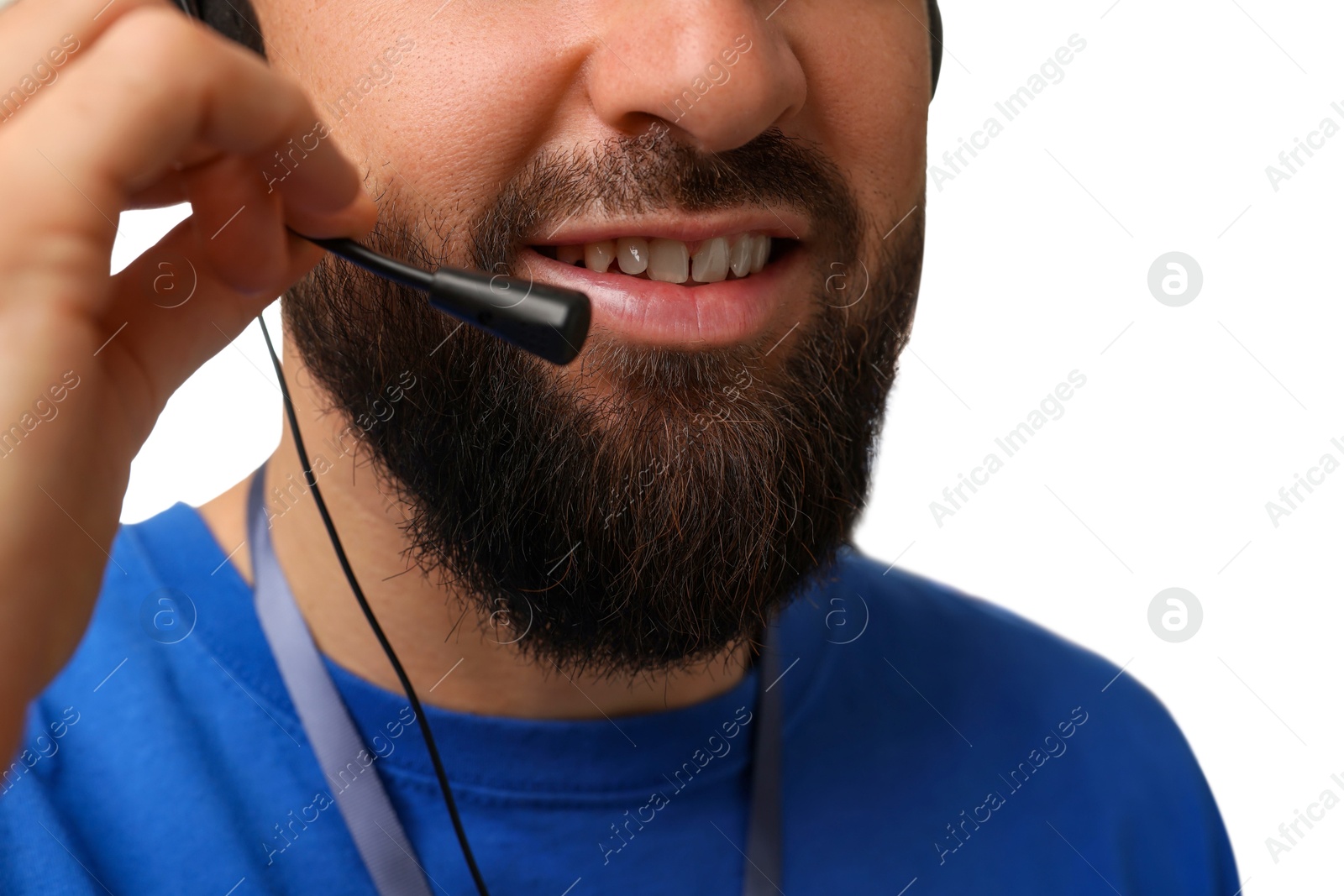 Photo of Technical support call center. Smiling operator on white background, closeup