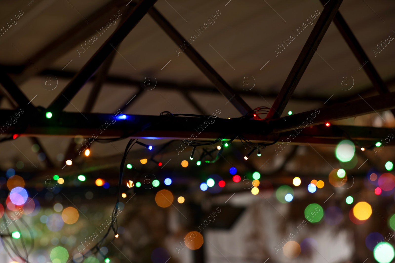 Photo of Canopy decorated with Christmas lights outdoors, closeup