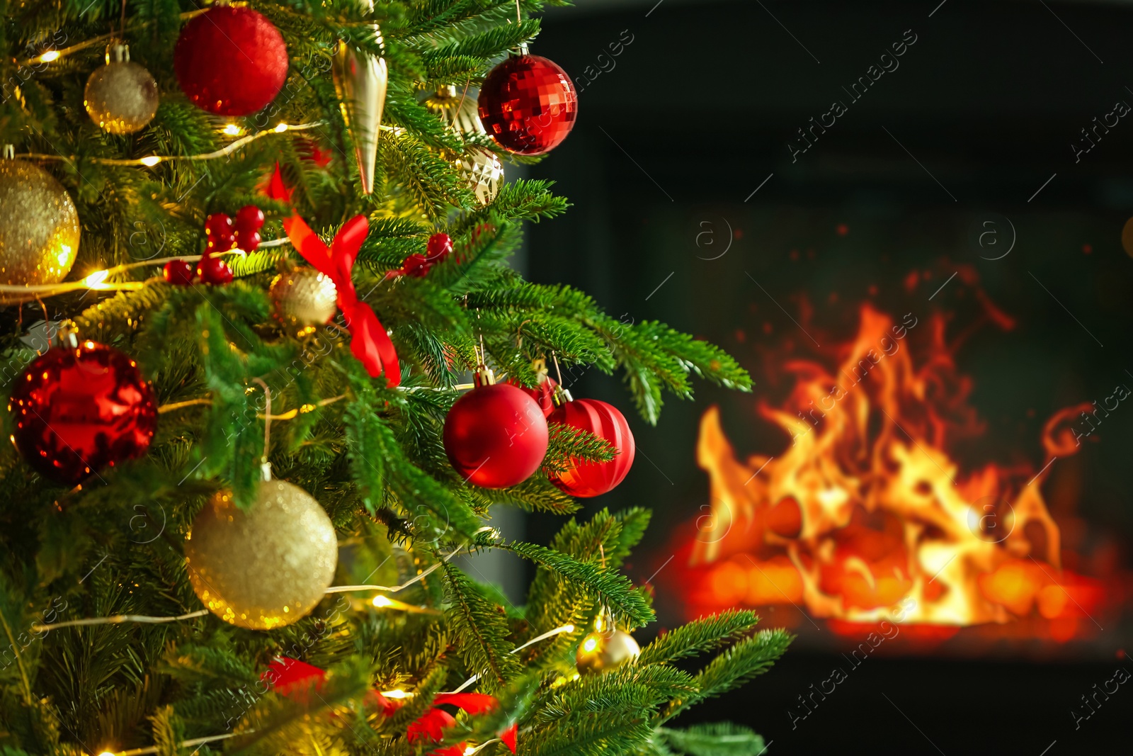 Photo of Beautiful decorated Christmas tree indoors, closeup. Space for text