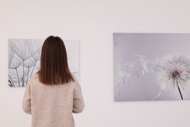 Woman studying beautiful artwork in modern gallery, back view