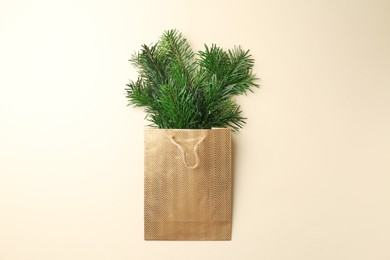 Photo of Christmas bouquet. Green fir branches in bag on beige background, top view