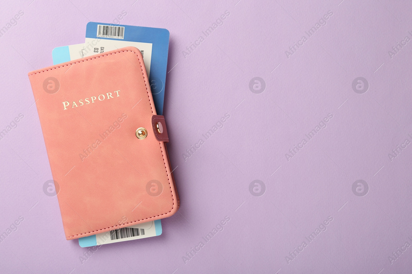 Photo of Passport with tickets on lilac background, top view. Space for text