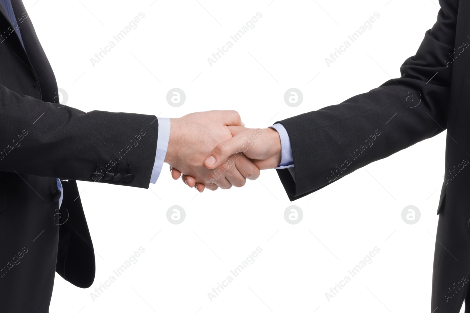 Photo of Businessmen shaking hands on white background, closeup