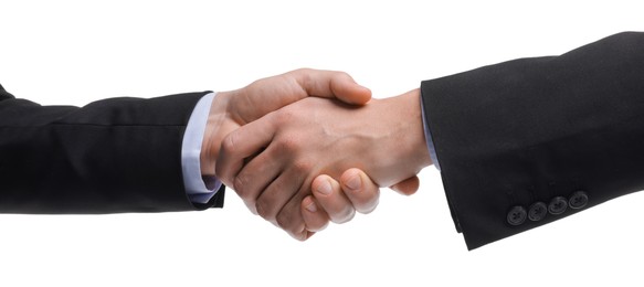 Photo of Businessmen shaking hands on white background, closeup