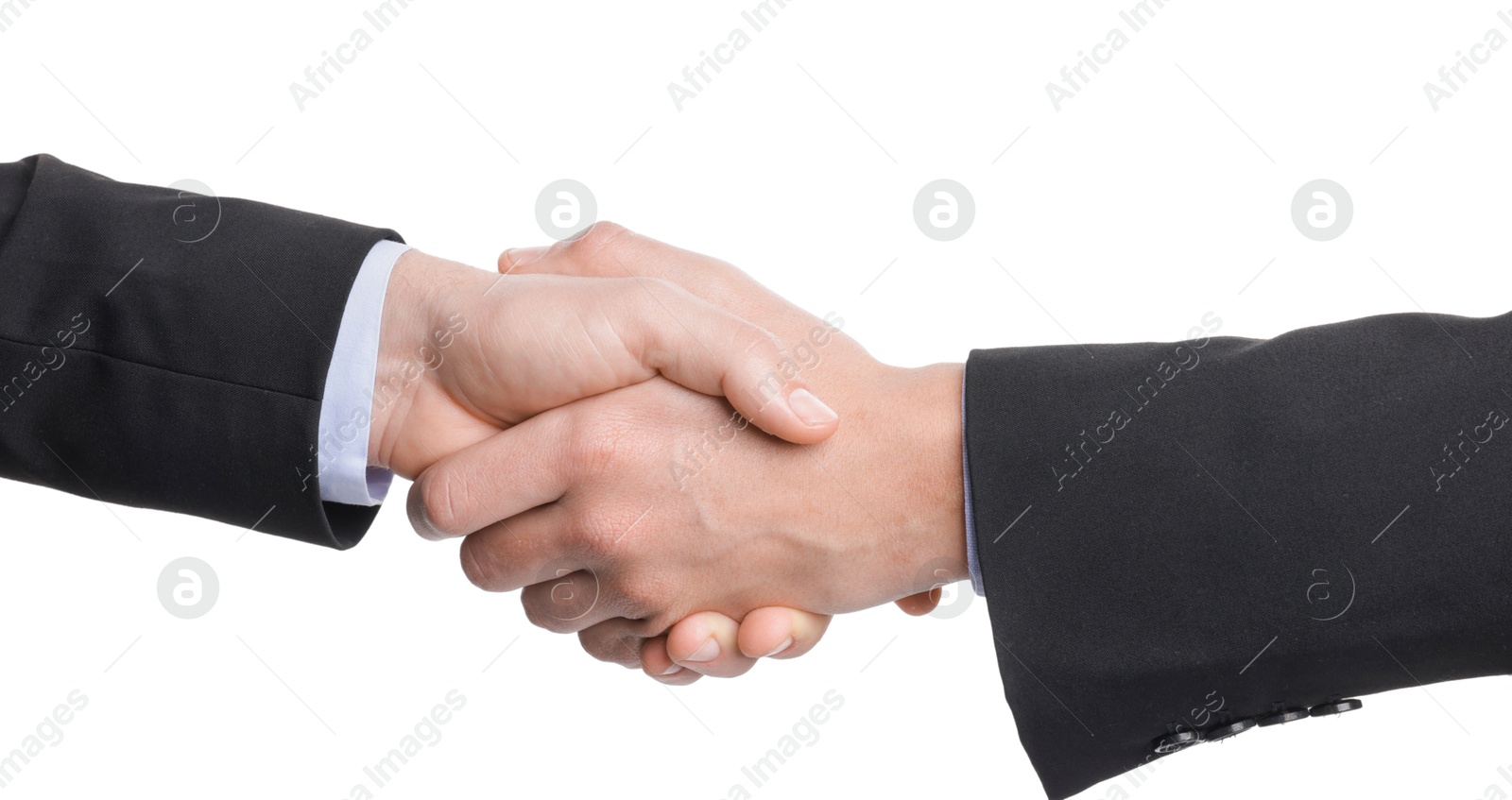 Photo of Businessmen shaking hands on white background, closeup