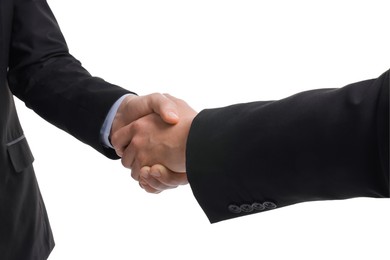 Photo of Businessmen shaking hands on white background, closeup