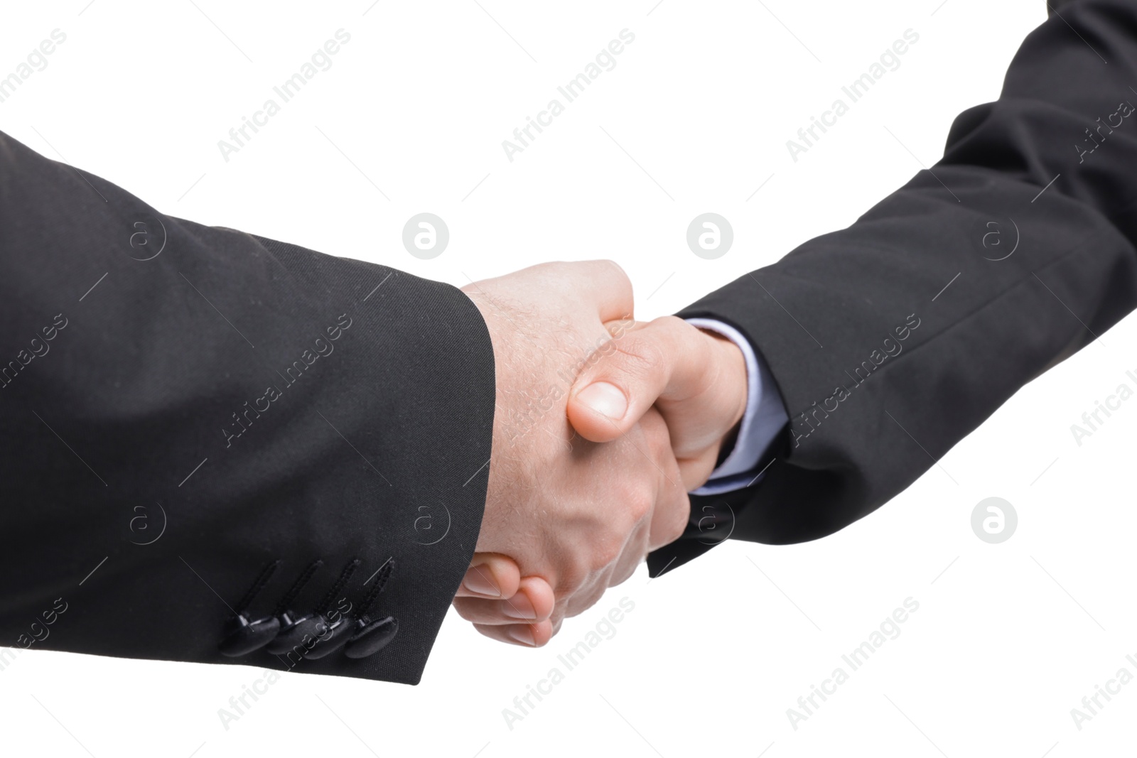 Photo of Businessmen shaking hands on white background, closeup