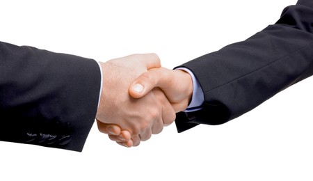 Photo of Businessmen shaking hands on white background, closeup