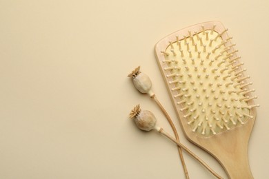 Photo of Wooden hair brush and poppy heads on beige background, top view. Space for text