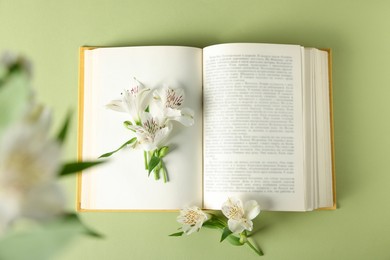 Book and beautiful alstroemeria flowers on green background, top view