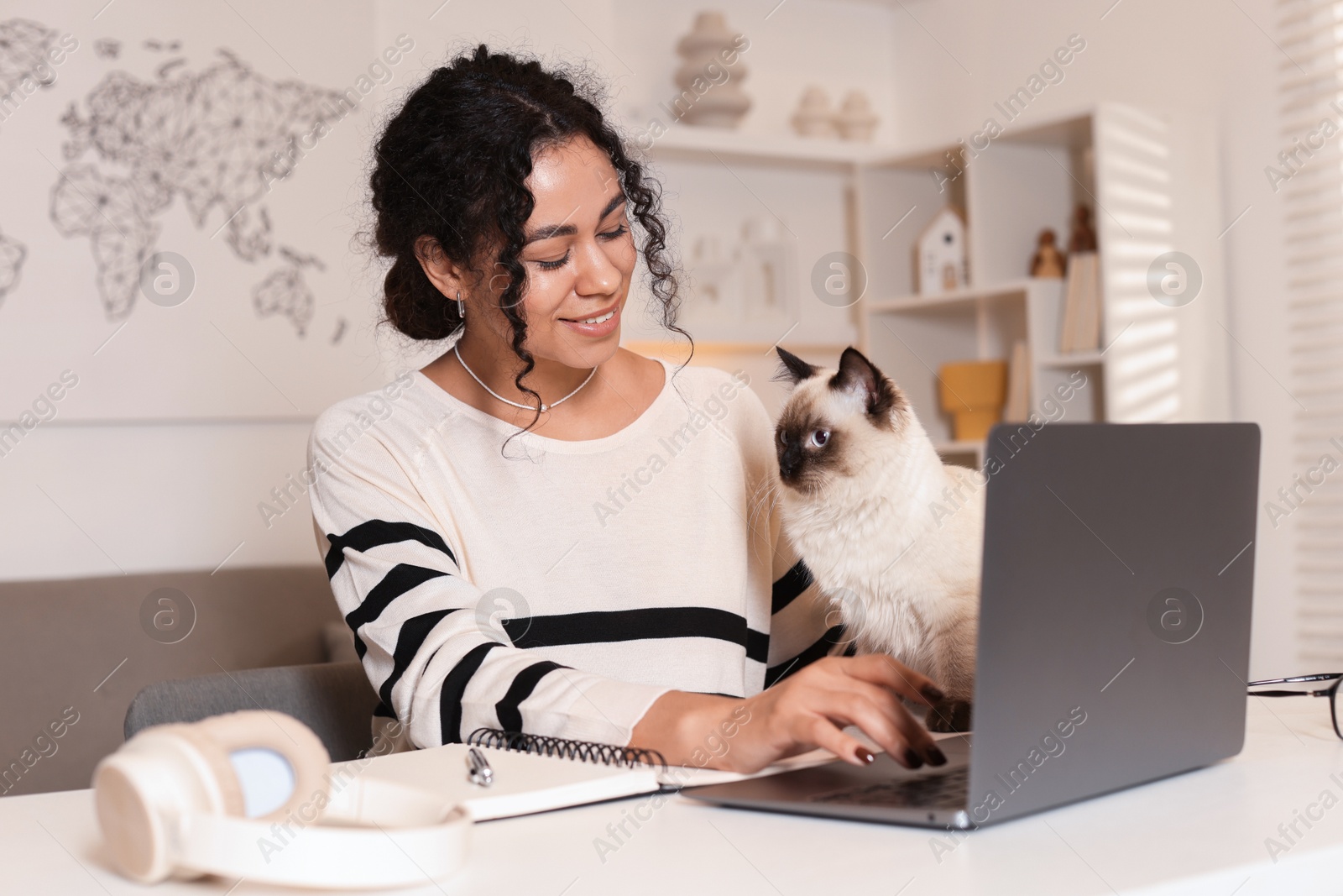 Photo of Beautiful woman with her cute cat working on laptop at desk in home office