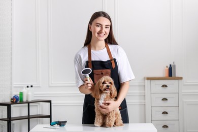 Photo of Woman brushing cute Maltipoo dog in room