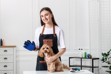 Photo of Woman with grooming glove and cute Maltipoo indoors