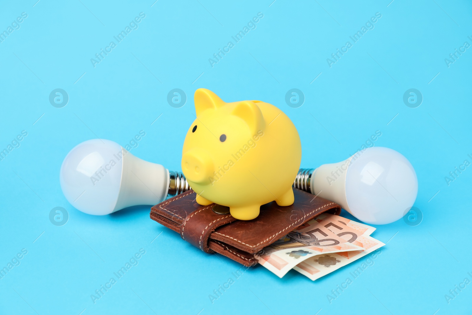 Photo of Piggy bank, lightbulbs and purse with euro banknotes on light blue background. Energy saving concept