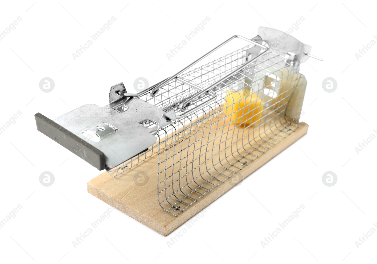 Photo of Mouse trap with cheese isolated on white