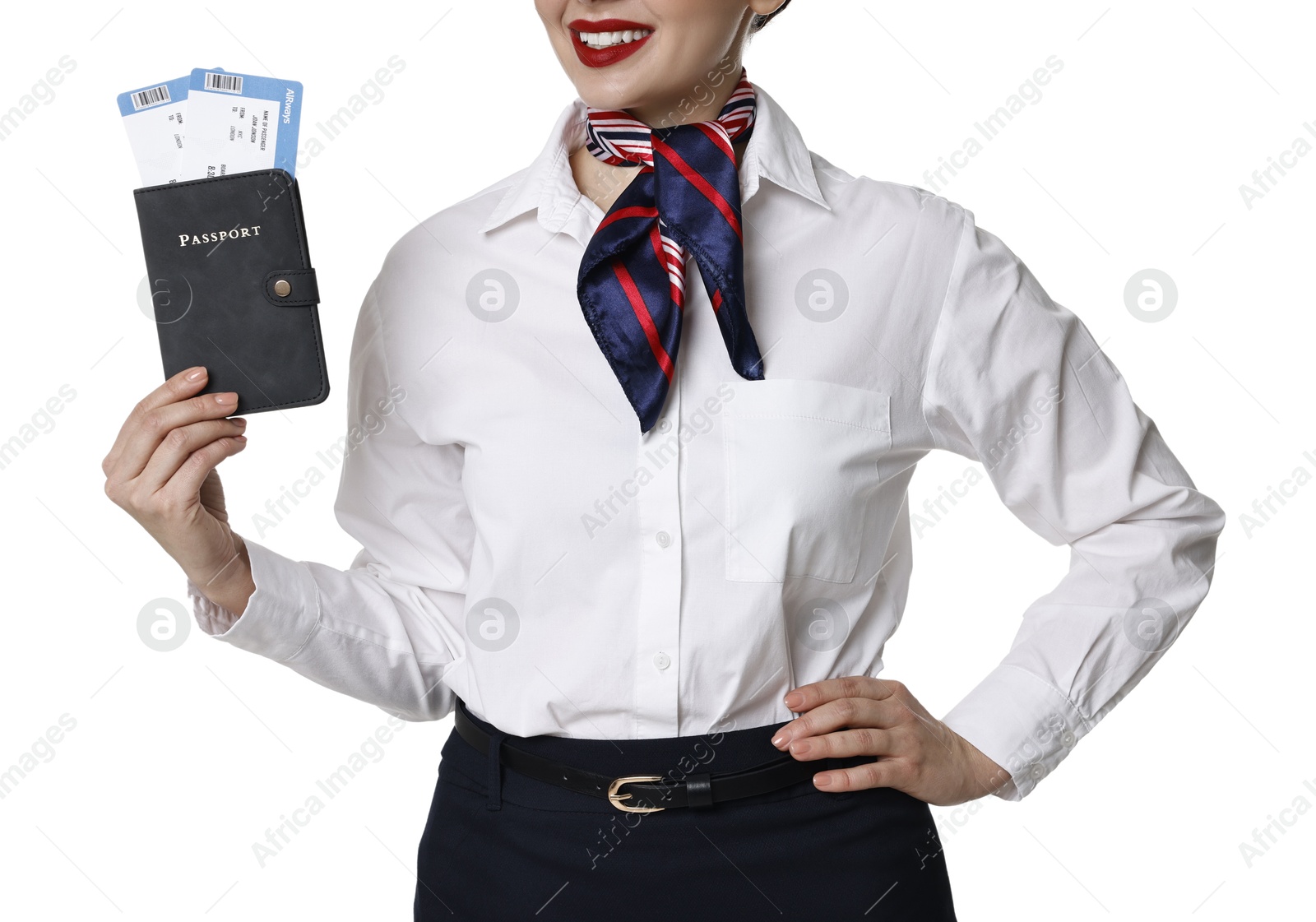 Photo of Happy stewardess holding passport with flight tickets on white background, closeup