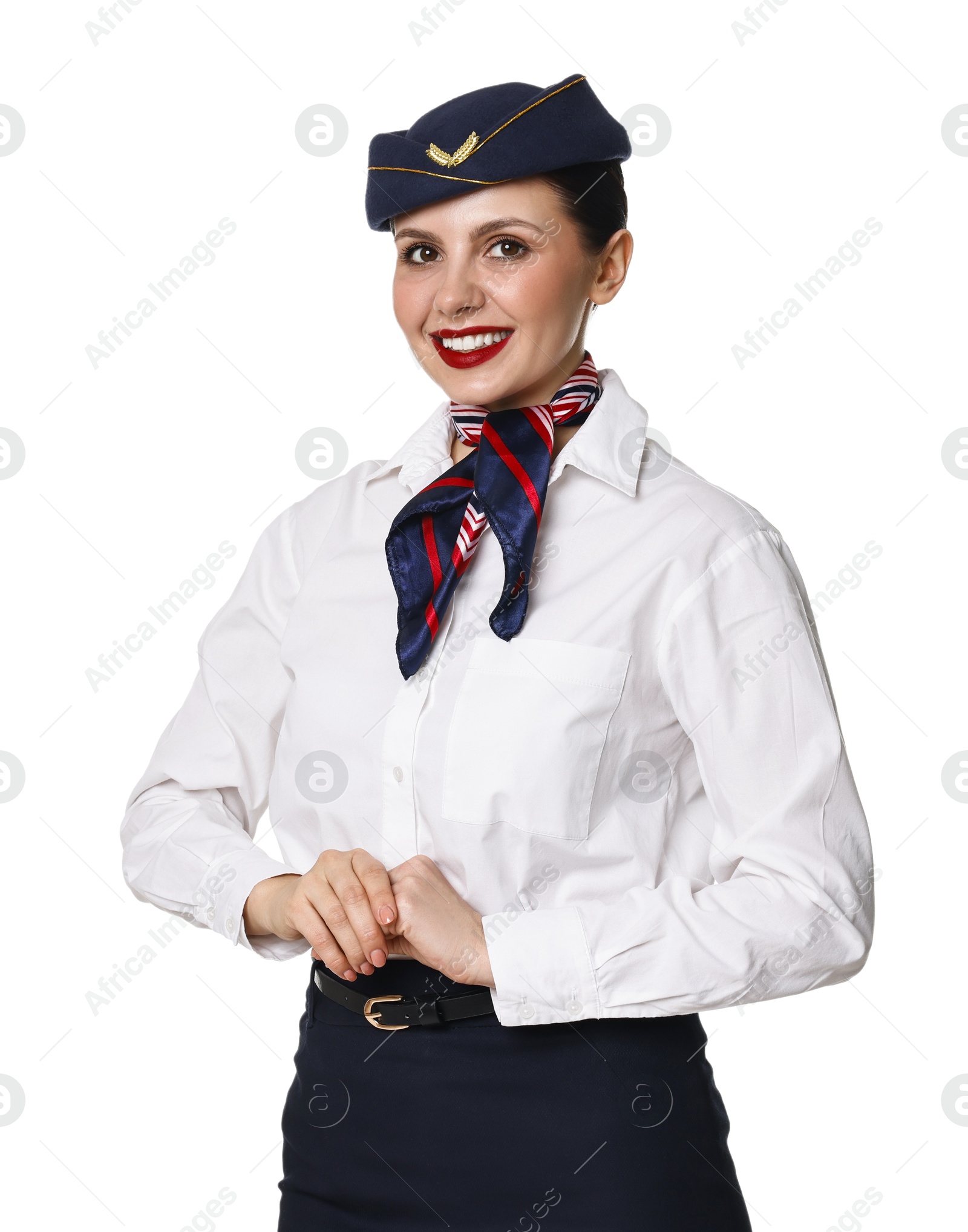 Photo of Portrait of smiling stewardess on white background