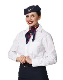 Photo of Portrait of smiling stewardess on white background