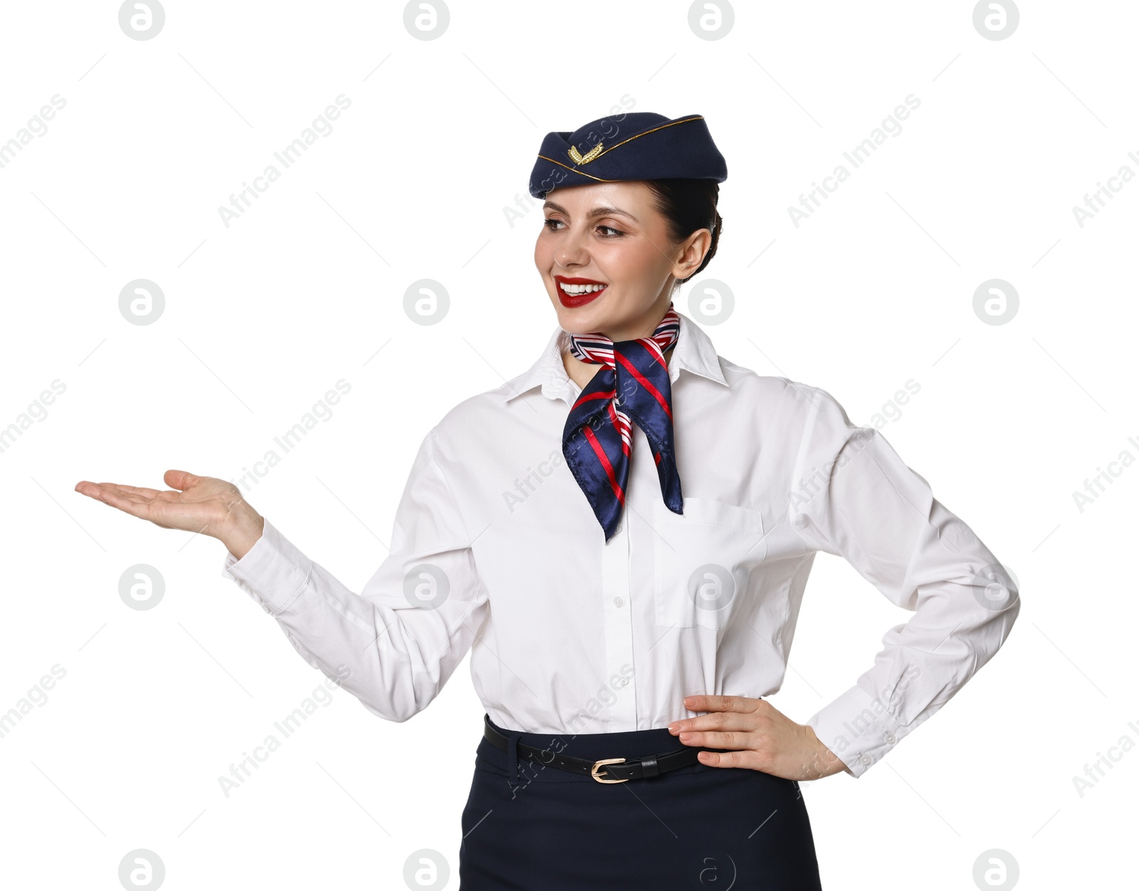 Photo of Smiling stewardess showing something on white background