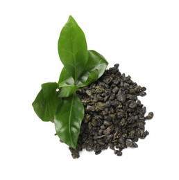 Photo of Pile of dried tea leaves isolated on white, top view